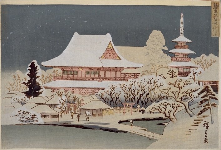 立体絵画の「浅草雷門の雪景色」 浅草金竜山朝の雪」−自然と浮き出てくる主役−『銀世界東十二景