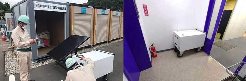 左:建設会社との太陽光パネル連携訓練。右:事務所でのBCP用途バックアップ電源