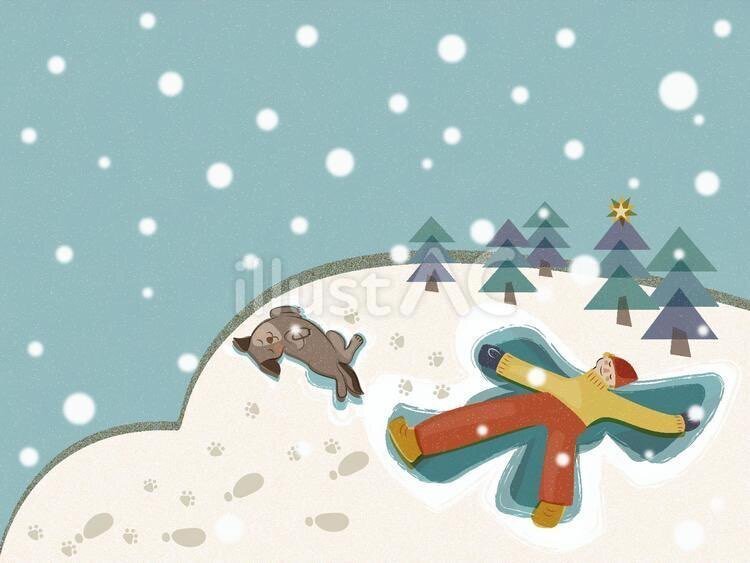 スノーエンジェルを作って遊ぶ子どもと犬 J Note