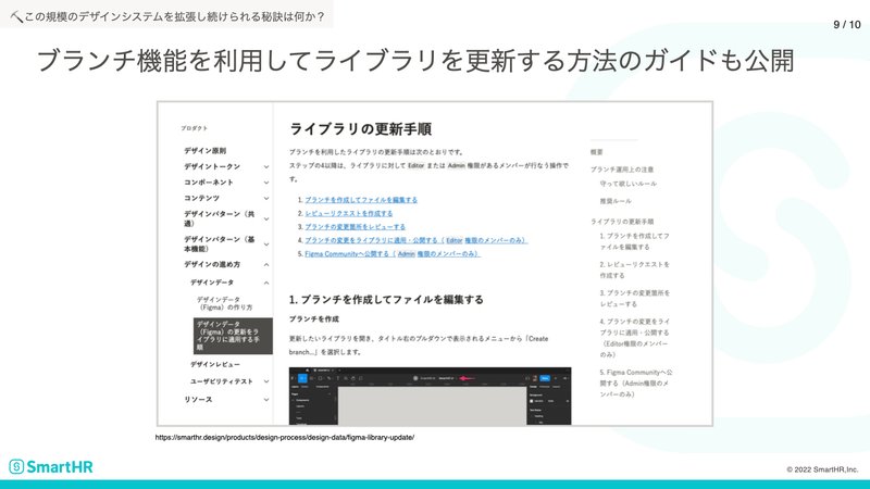 デザインデータ（Figma）の更新をライブラリに適用する手順のスクリーンショット。