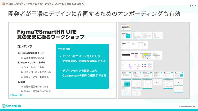 FigmaでSmartHR UIを意のままに操るワークショップの様子がわかるスクリーンショット。コンテンツはFigmaの概要説明(基本機能の使い方)、チュートリアル(コメント・UIコンポーネントをさわる・画面レイアウトをさわる)、演習(実際の画面を作ってみる・ログイン画面を作ってみる)がある。