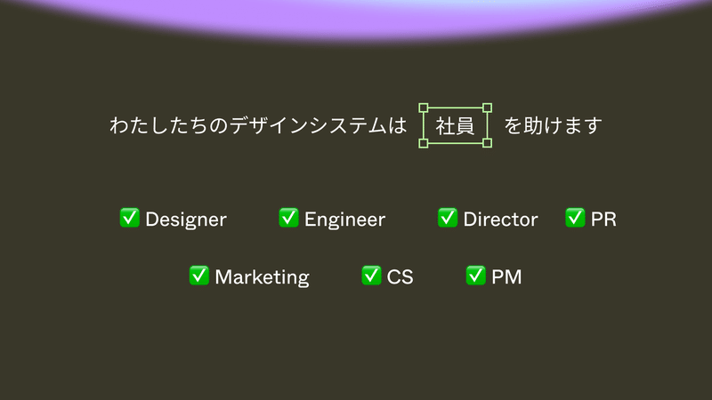 わたしたちのデザインシステムは社員を助けます Designer Engineer Director PR Marketing CS PM