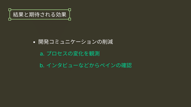 結果と期待される効果　開発コミュニケーションの削減　プロセスの変化を観測　インタビューなどからペインの確認