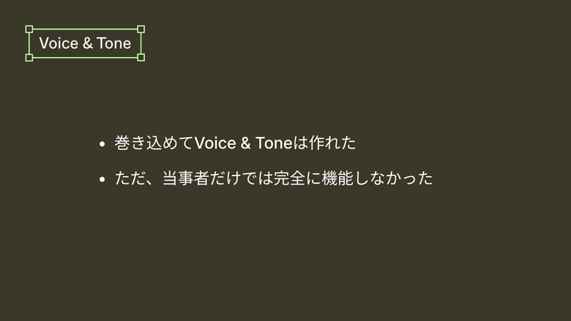 Voice&Tone 巻き込めてVoice&Toneは作れた ただ、当事者だけでは完全に機能しなかった