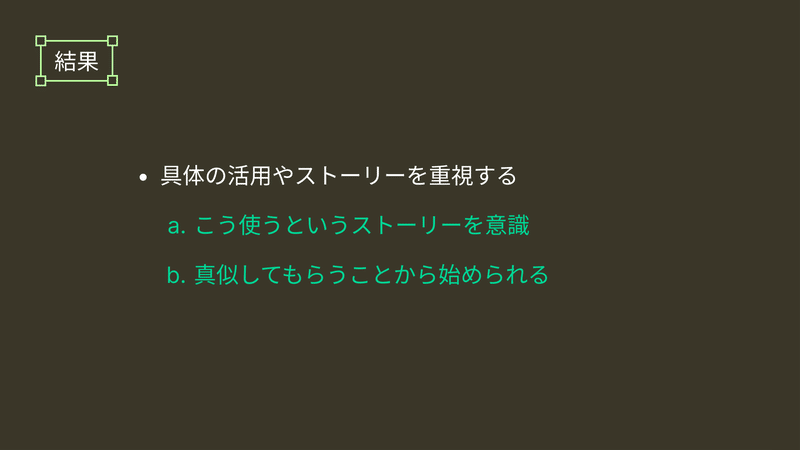 結果 具体の活用やストーリーを重視する こう使うというストーリーを意識 真似してもらうことから始められる