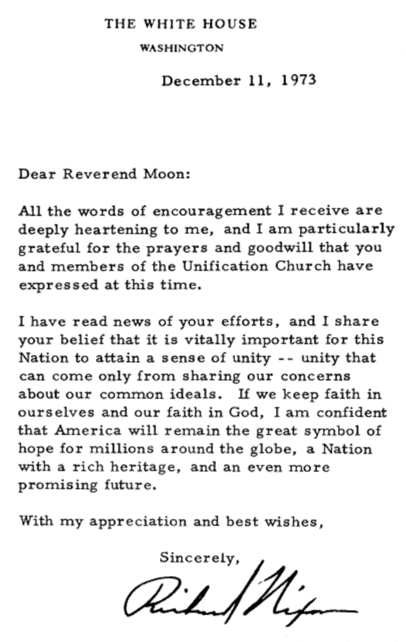 ニクソン元大統領から文鮮明教祖へ送られた感謝状 － ウォーターゲート