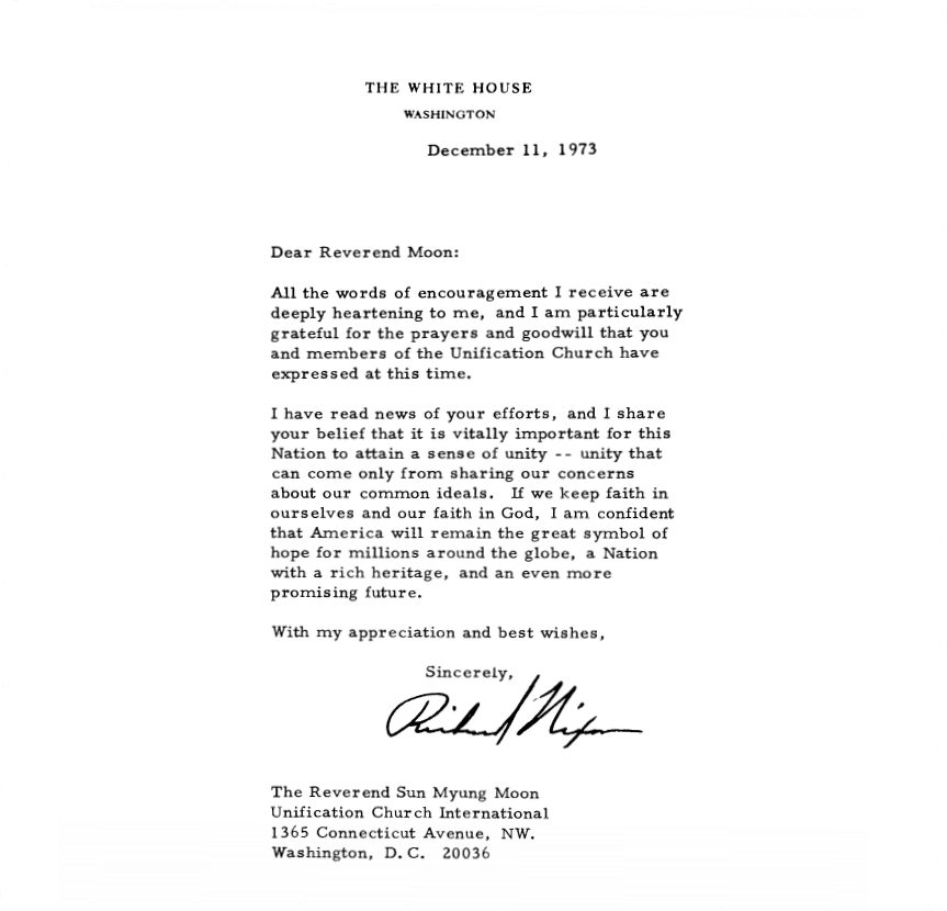 リチャード・ニクソン大統領 直筆文書 2020 Potus ニクソン元大統領から文鮮明教祖へ送られた感謝状 － ウォーターゲート