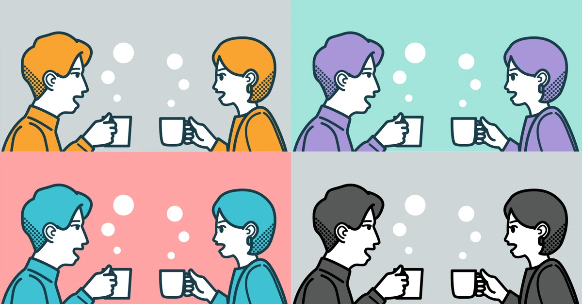 いきぬき給湯室のカバーイラストの人のイラストを切り出した画像。4枚の色違いの画像
