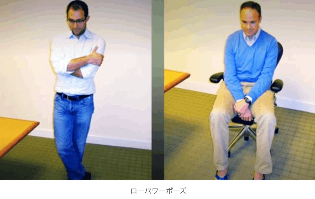 ローパワーポーズの例。手足が縮こまり身体が丸まった姿勢