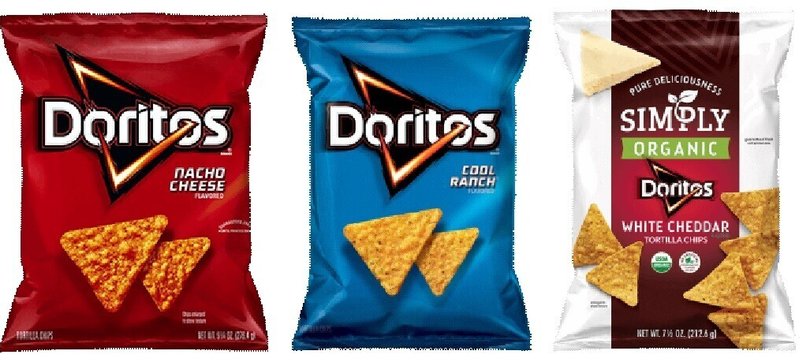 海外のドリトス左からナチョ・チーズ味、クールランチ味、シンプリーシリーズ<ホワイトチェダー味>