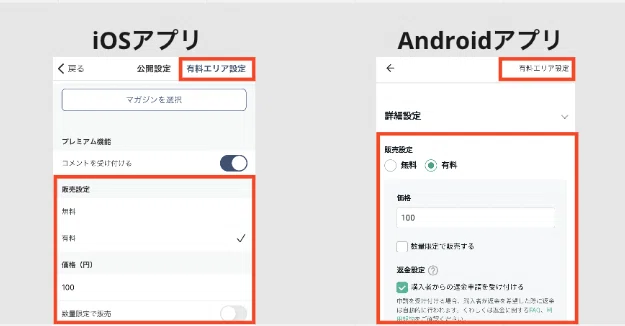 「販売設定」や記事の「価格(円)」のメニューがある位置