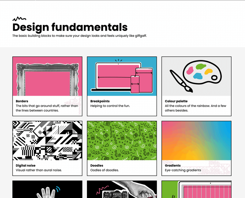 giffgaffの視覚的な要素を集めたページ。BorderやBreakpoint、Color Paletteなどのページへのリンクがある
