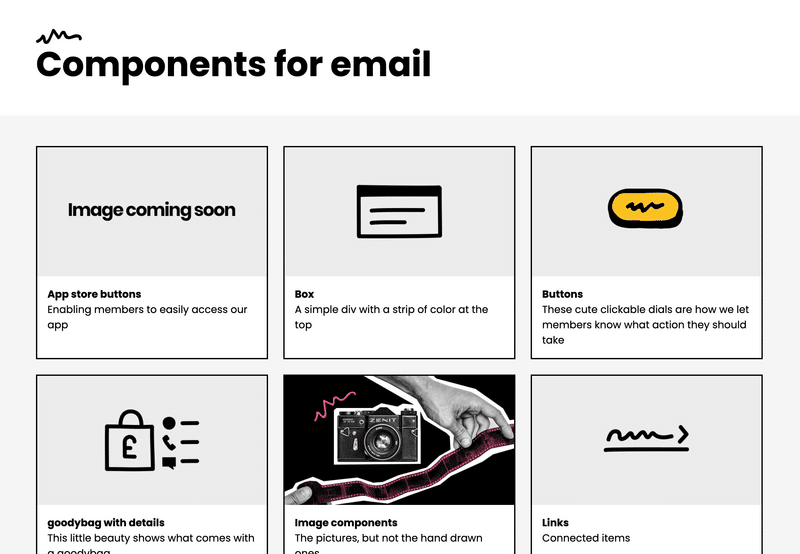 Email向けコンポーネントの一覧。AppStoreのボタンやBox、Linksなど
