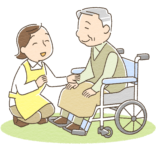 介護士が車椅子の高齢者をお手伝いしているイラスト