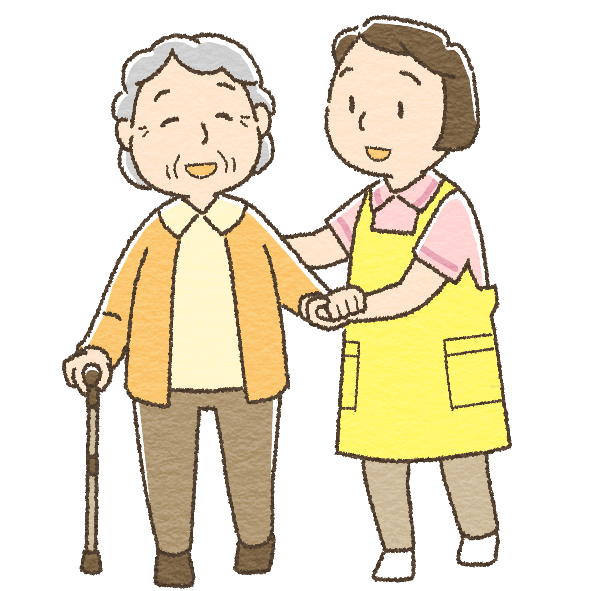 介護士が高齢者の歩行介助するイラスト