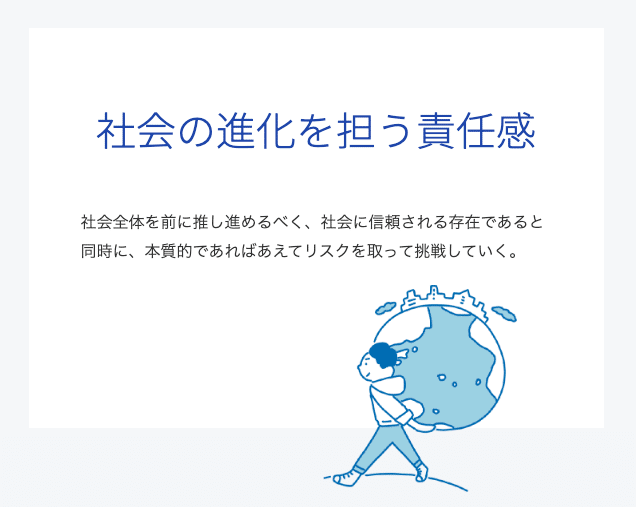 社会の進化を担う責任感とは… 社会全体を前に推し進めるべく、社会に信頼される存在であると同時に、本質的であればあえてリスクを取って挑戦していく。