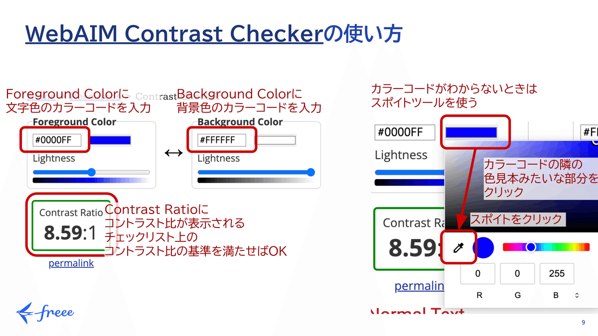 スクリーンショット:WebAIM Contrast Checkerの使い方というスライド。前景色と背景色のカラーコードを入力しコントラスト比を確認する方法や、すポイントツールの使い方を解説している。