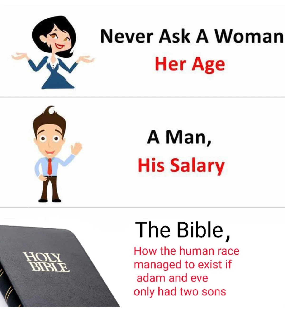 Never ask a woman her age. A man, his salary. The Bible, How the human race managed to exist if adam and eve only had two sons.