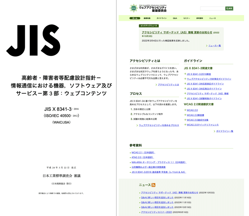 写真：JISの規格票表紙（画像左）とWAICウェブサイトトップのスクリーンショット（画像右）