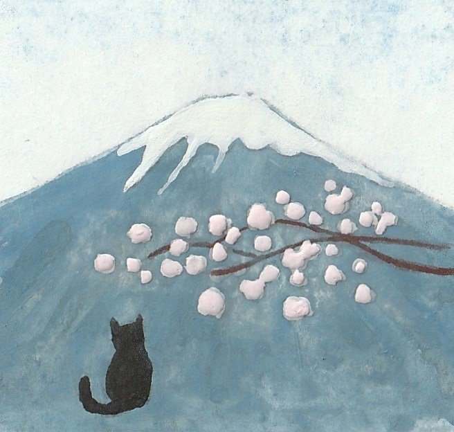 富士山と桜と黒猫の日本画｜森野なか