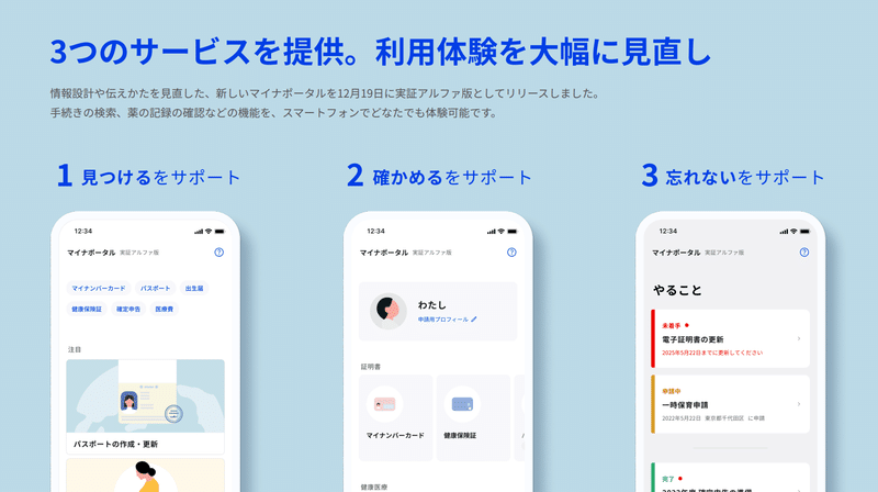 写真：マイナポータル実証アルファ版で改善した3つのポイント