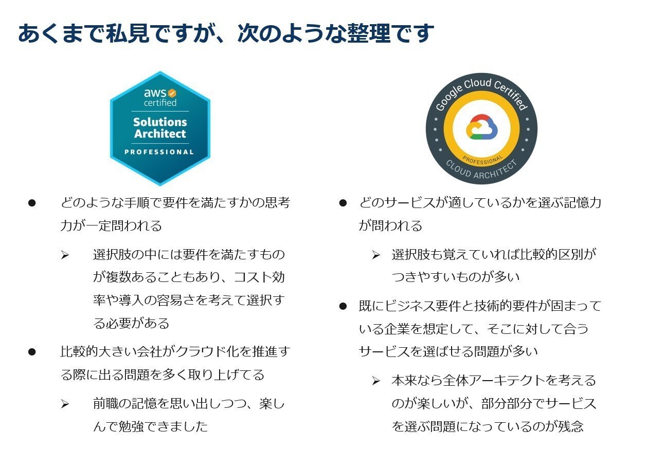 勉強会「AWS と GCP のProfessional Architect を取って分かったこと