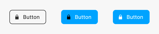 ボタンが3つ並んでいる。一番は背景が透明でIconが黒、Textが黒のボタン。真ん中は背景が水色で、Iconが黒、Textが白。右側は背景が水色でIconが白、テキストも白。