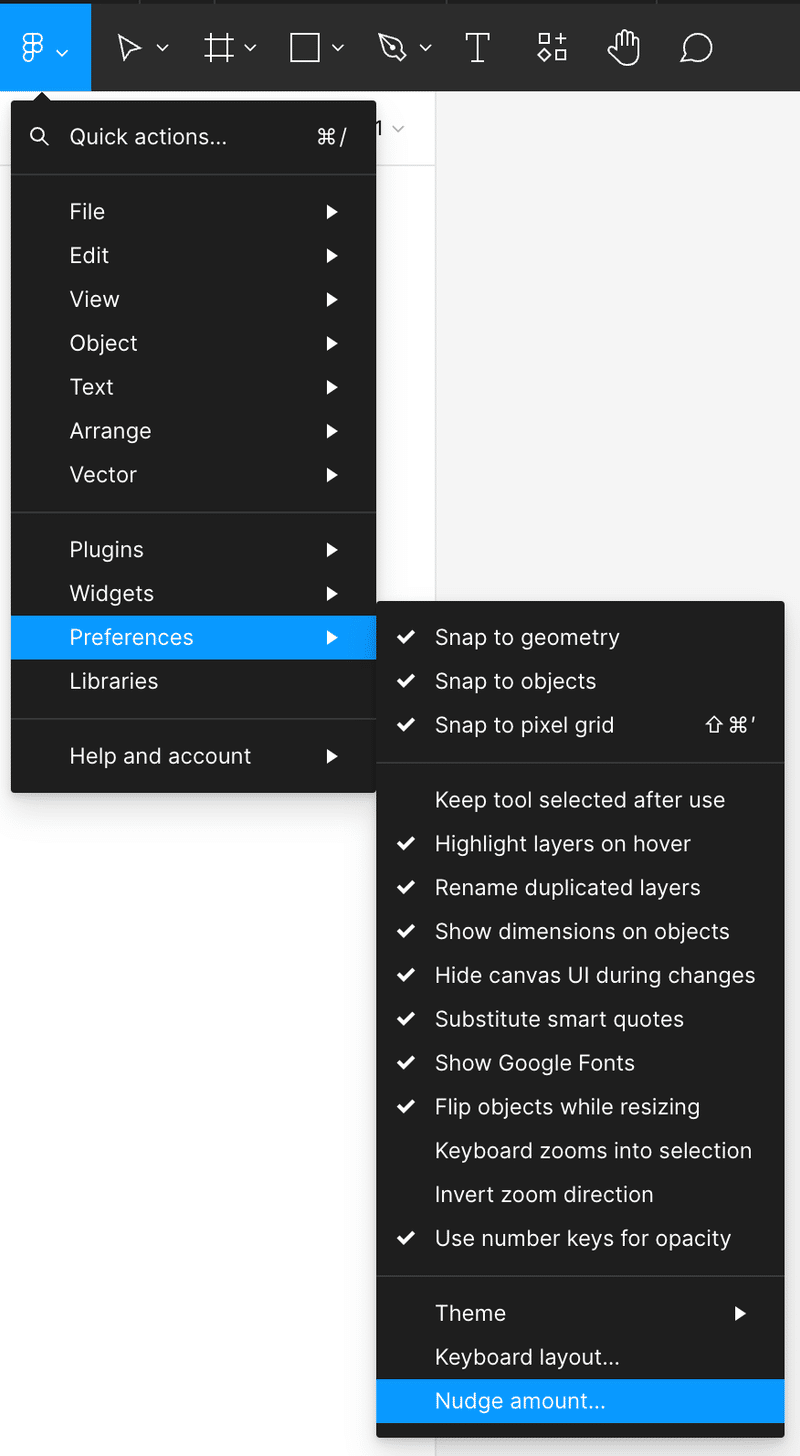 FigmaアプリのFigmaメニューを開いた状態。Preferenceを選択して開いたメニューの一番したNudge Amountというメニューのがある。