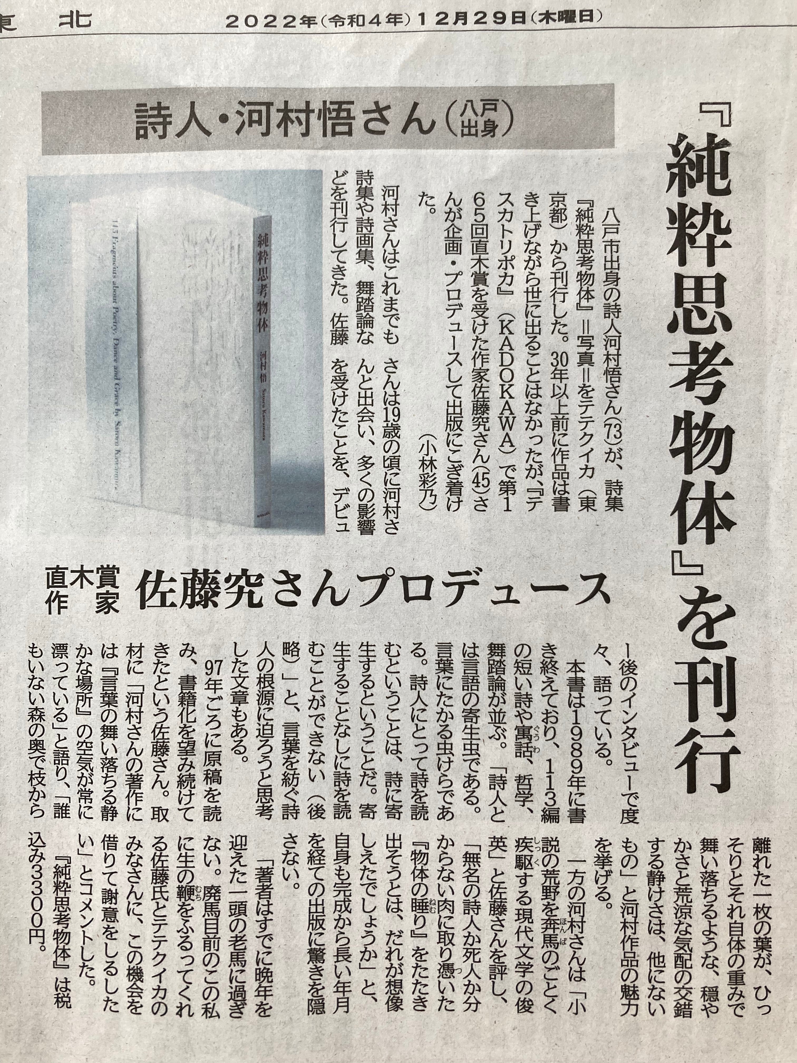 河村悟『純粋思考物体』デーリー東北新聞に掲載｜テテクイカ