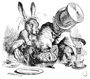不思議の国のアリスより、ポットにヤマネを入れる三月ウサギと帽子屋