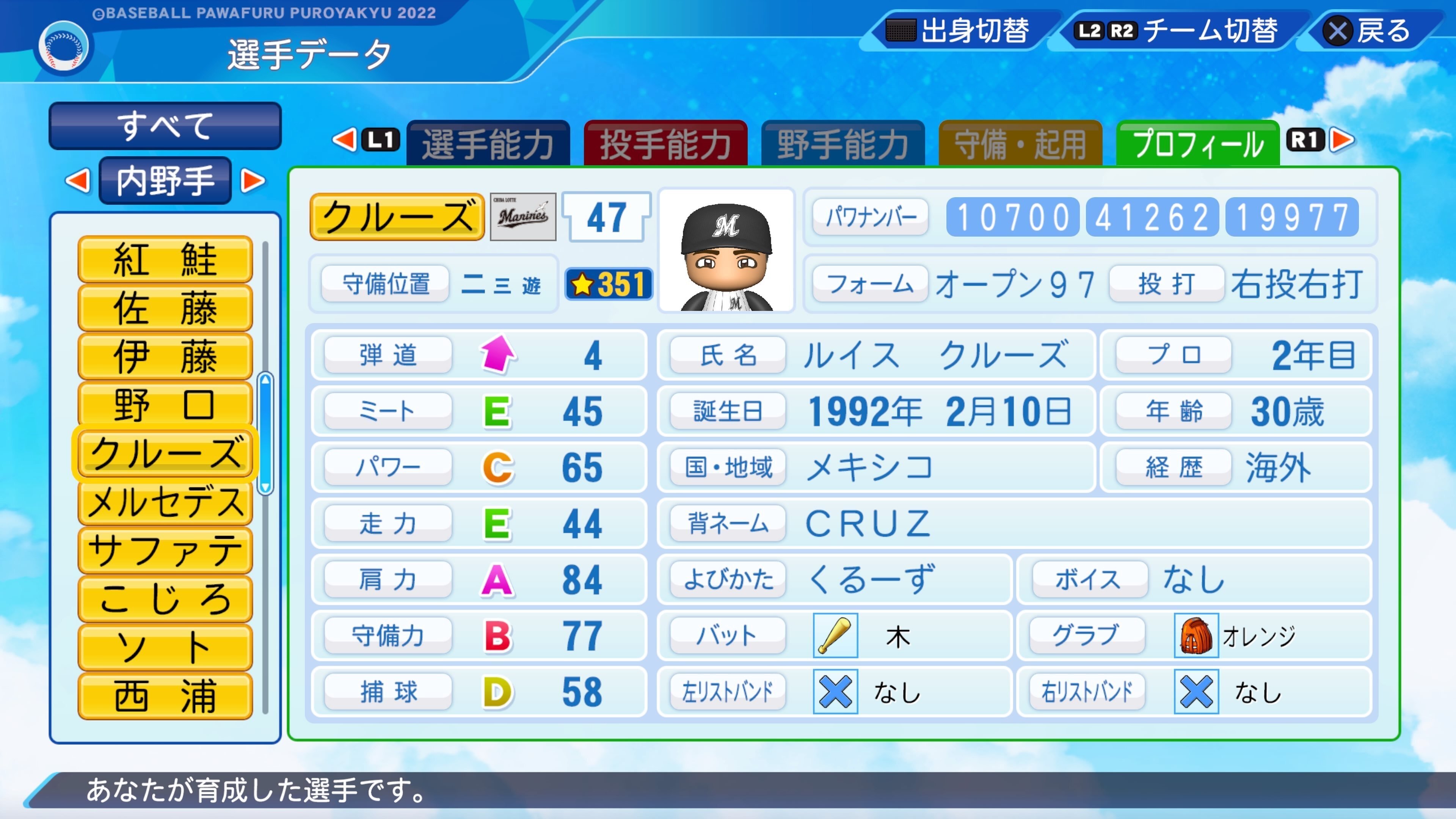 パワプロ2022】ルイス・クルーズ(ロッテ・2015年)【パワナンバー