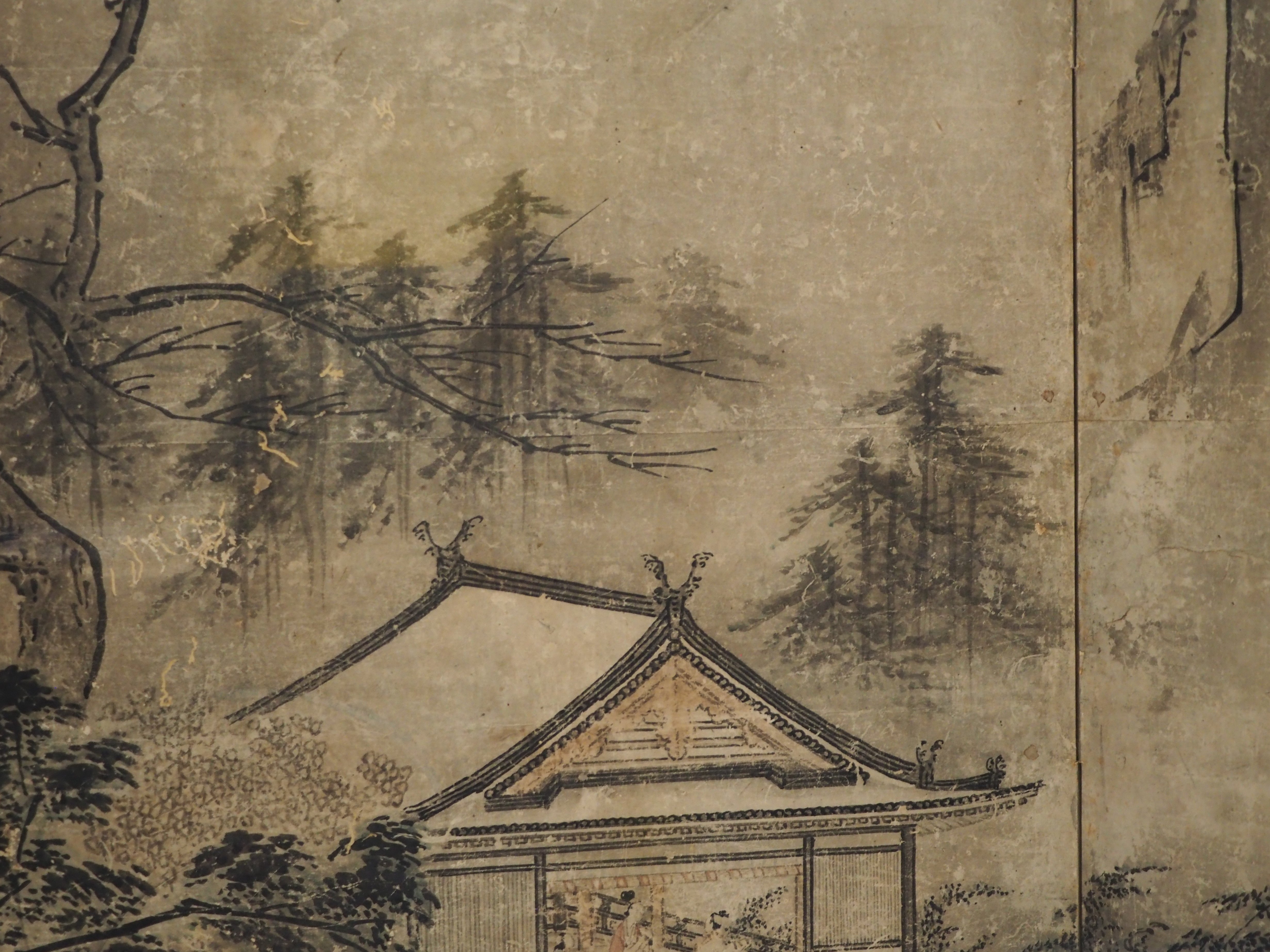 山水画風 山水屏風　墨絵　水墨画　山水画　屏風　アンティーク　当時物　レトロ 五月人形 単品屏風 山水水墨画 黒枠三曲屏風 【アウトレット商品】