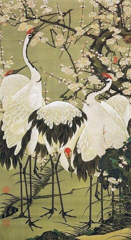 漆絵 伊藤若冲の名作「白鶴図」右隻 波濤に飛鶴 NH234R（伊藤