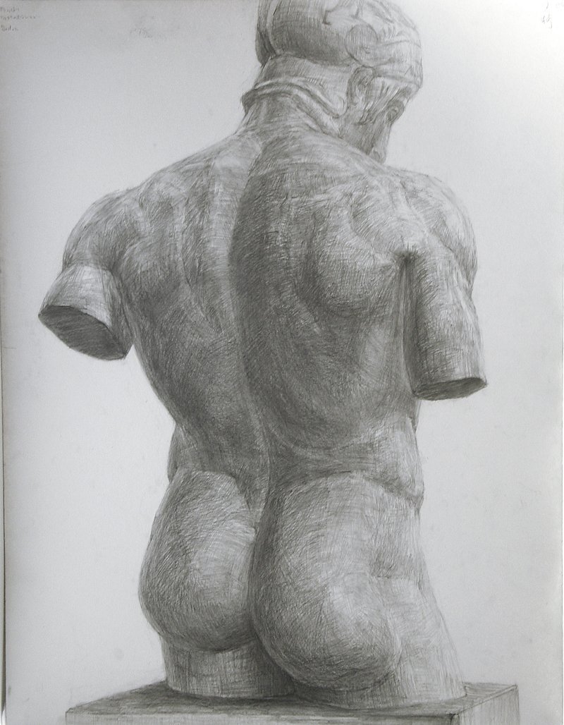 画像：デッサンの作例。石膏像のデッサン、「マルス」の半身像。
