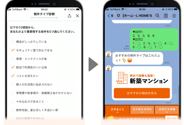 ライン物件タイプ診断は、探している物件に求めている条件を5つ選ぶことでおすすめの物件タイプを教えてもらえるサービスです
