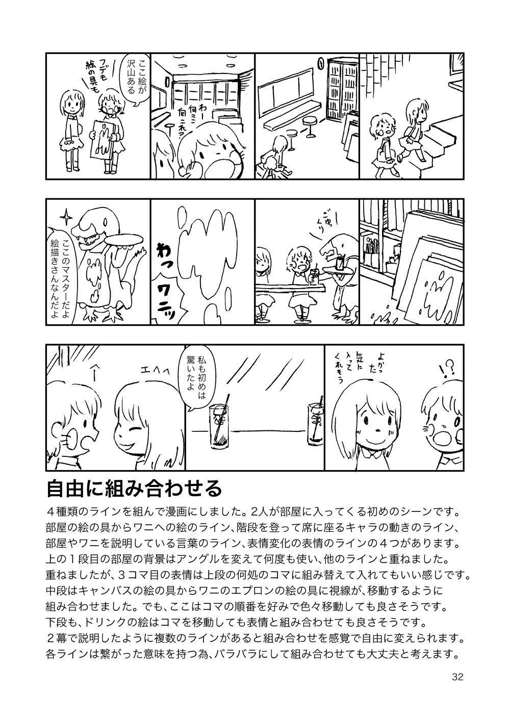 自由に組み合わせる 4種類のラインを組んで漫画にしました。 2人が部屋に入ってくる初めのシーンです。 部屋の絵の具からワニへの絵のライン、階段を登って席に座るキャラの動きのライン、 部屋やワニを説明している言葉のライン、表情変化の表情のラインの4つがあります。 上の1段目の部屋の背景はアングルを変えて何度も使い、他のラインと重ねました。 重ねましたが、3コマ目の表情は上段の何処のコマに組み替えて入れてもいい感じです。 中段はキャンバスの絵の具からワニのエプロンの絵の具に視線が、移動するように 組み合わせました。 でも、ここはコマの順番を好みで色々移動しても良さそうです。 下段も、ドリンクの絵はコマを移動しても表情と組み合わせても良さそうです。 2幕で説明したように複数のラインがあると組み合わせを感覚で自由に変えられます。 各ラインは繋がった意味を持つ為､バラバラにして組み合わせても大丈夫と考えます。