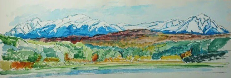松野郷 延江 油絵・油彩画『雨の前の大雪連峯（緑東大橋志別川畔