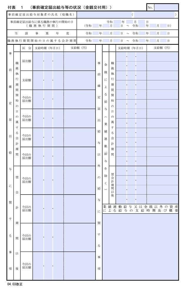 入力用PDF】付表1 事前確定届出給与等の状況(金銭交付用)(04.03 入力用PDF】付表1 事前確定届出給与等の状況(金銭交付用)(04.03