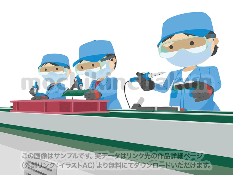 【無料素材】生産ラインで組み立て作業をする工員たち｜もちきんちゃくん