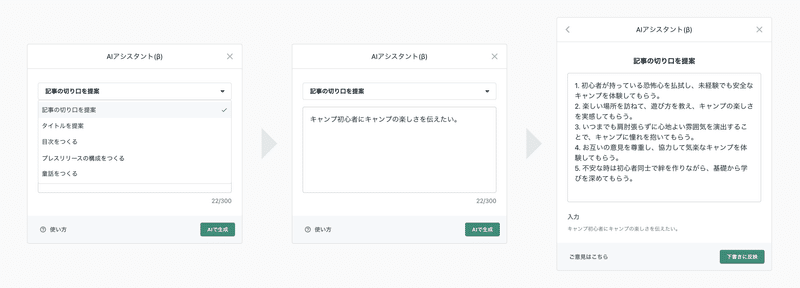 AIアシスタント(β)で記事の切り口を提案する機能を試している画像