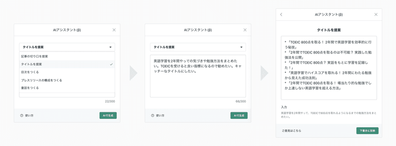 AIアシスタント(β)でタイトルを提案する機能を試している画像