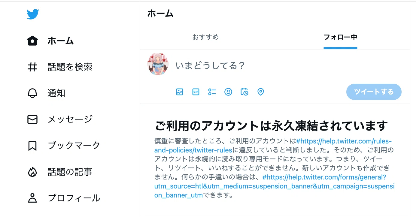 凍結解除が出来なくなりました】Twitter永久凍結されました（2月16日11
