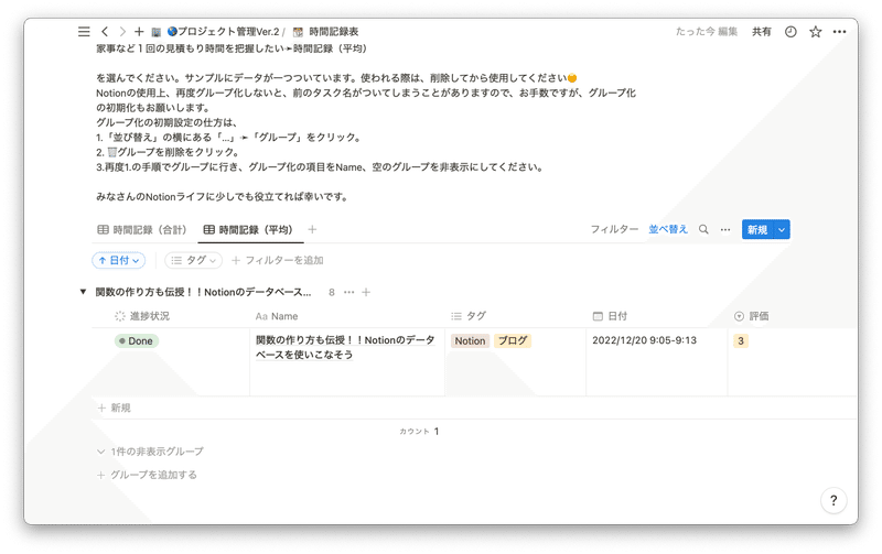 時間記録表の時間記録（平均）。