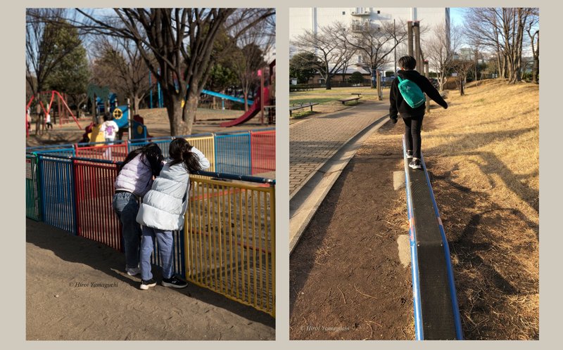 右の写真は、公園にある遊具、平均台の上を進む少年です。 左の写真は、公園で話し込む二人の少女たちです。二人とも髪が長く、風に吹かれています。