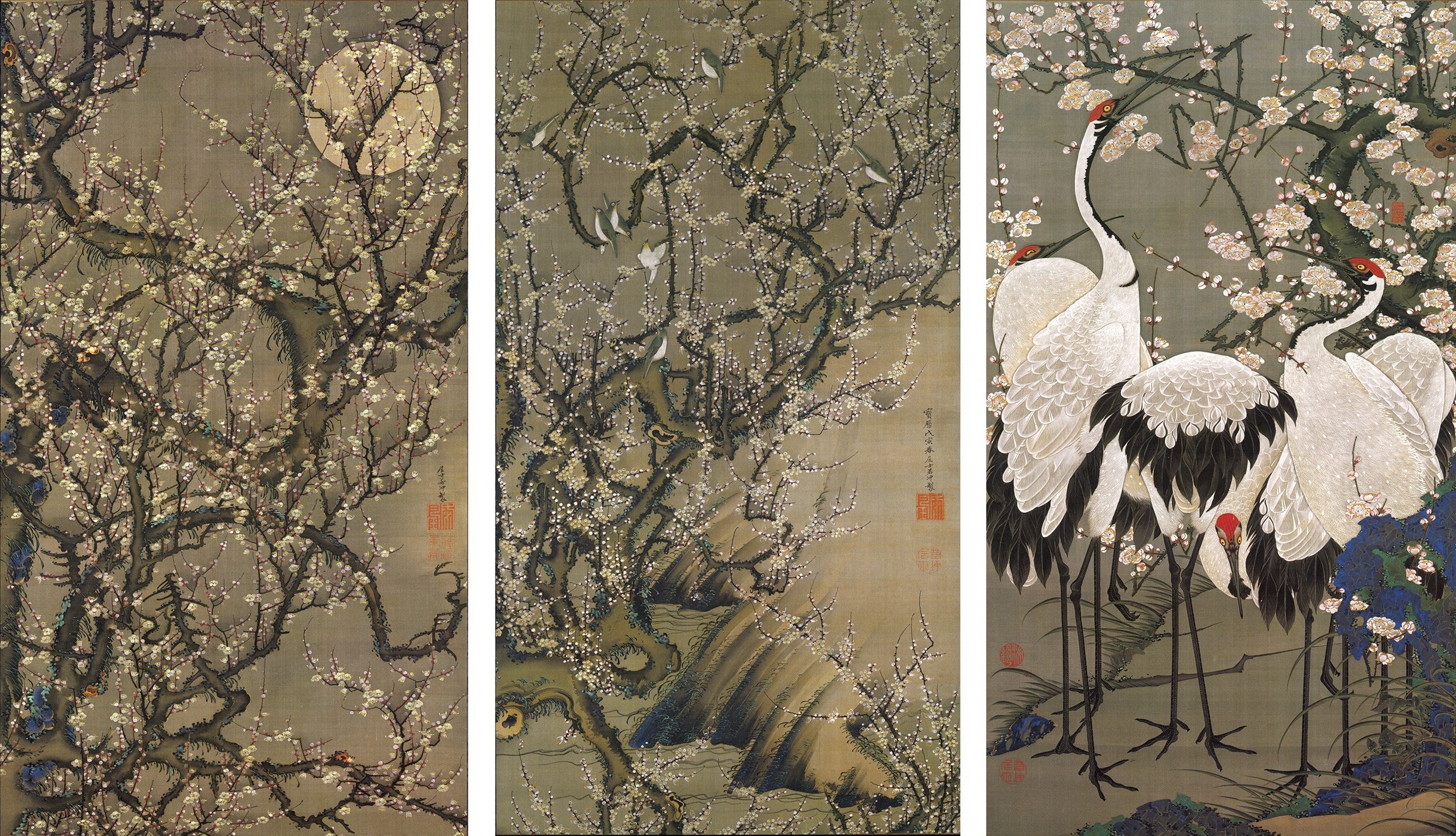 スーパーセール タイムセール 時間 浮世絵、藝畫麿腕前三枚綴り、一交齋梅恵画 梅 （日本絵画歳時記 版画