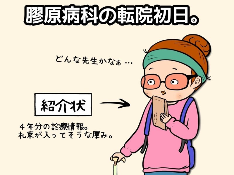 膠原病科の転院初日。どんな先生かなぁ。札束が入ってそうな厚みのある紹介状(封書)を持つワイのイラスト。