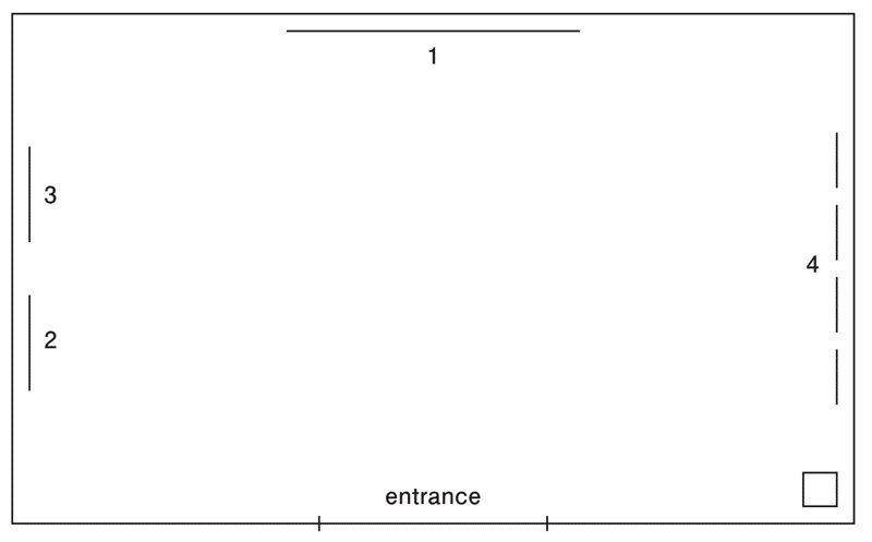 横長の長方形の形をした平面図。下の辺の中央に入り口があり、上の辺に作品1、左の辺に作品2・3、右の辺に作品4がある。