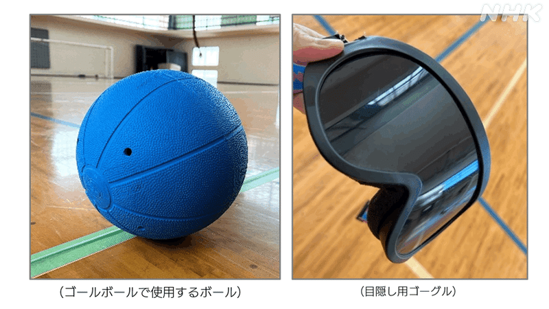 左側に青いゴールボールのボールと、右側に黒い目隠し用ゴーグルの画像