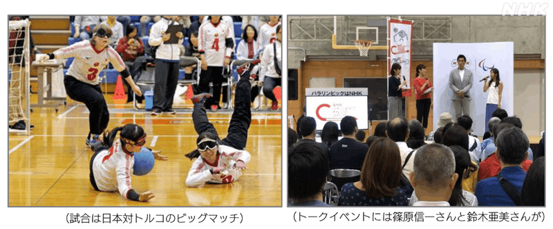 左側に日本対トルコ（女子）の試合中の画像と、右側にはその日行ったトークイベントで篠原信一さんと鈴木亜美さんが話している様子の画像