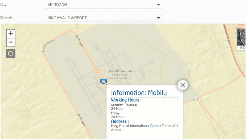 リヤドの空港にあるmobily店舗の地図